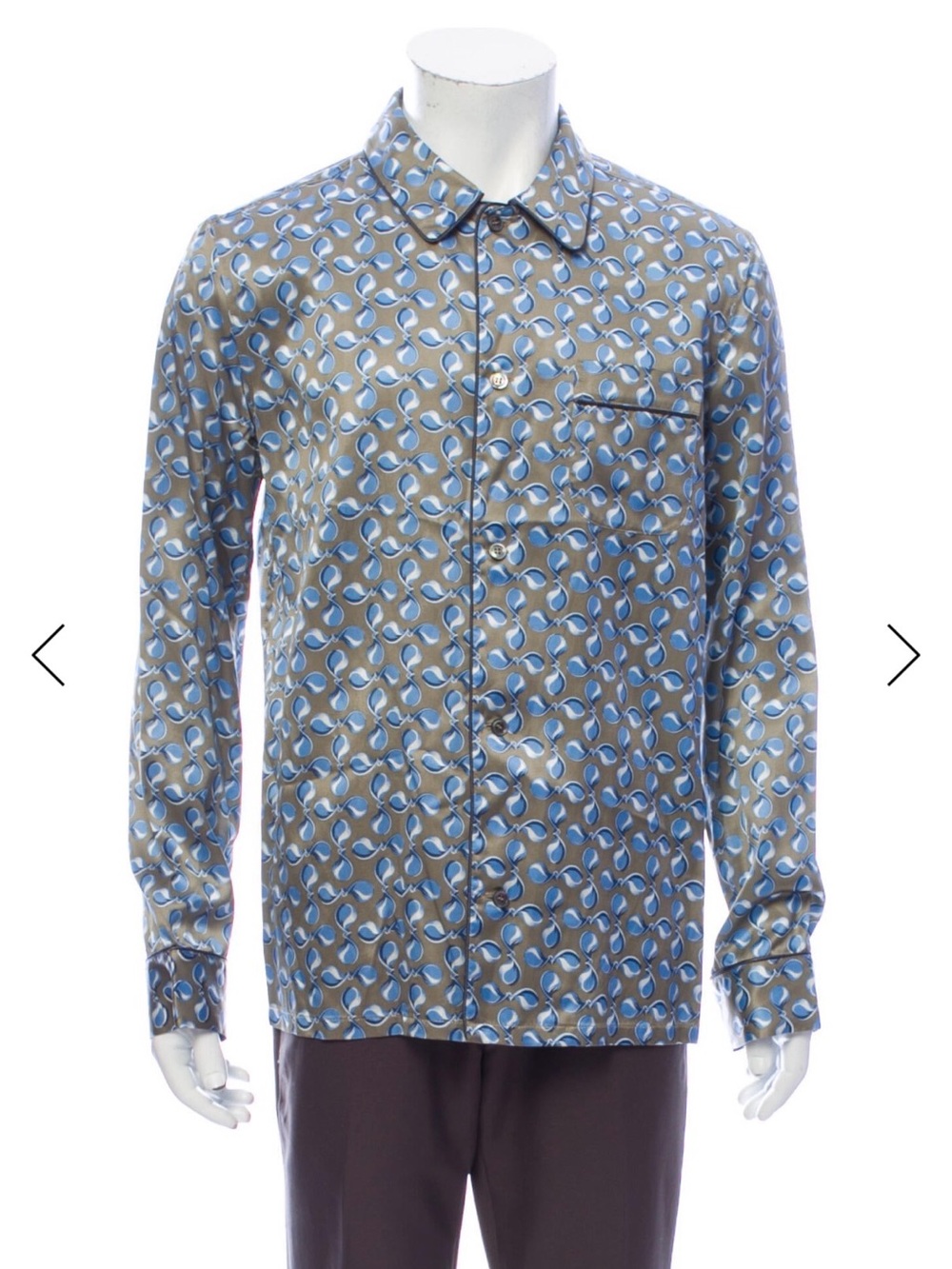A.P.C. Olive Button-Up Shirt with Blue Abstract Print